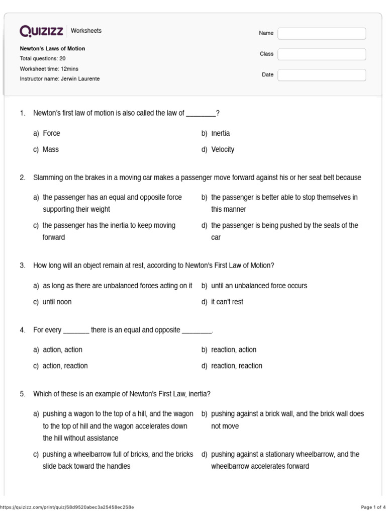 Newton's Laws of Motion - Quizizz | PDF | Force | Newton's Laws Of Motion