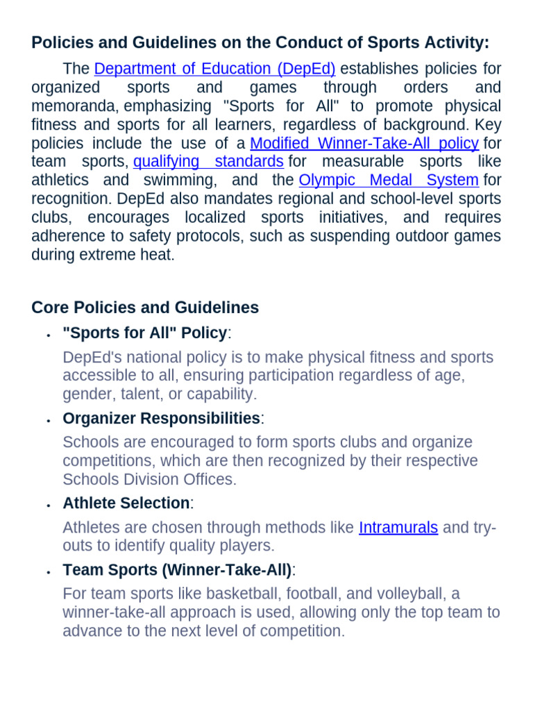 Policies and Guidelines On The Conduct of Sports Activity | PDF | Sports