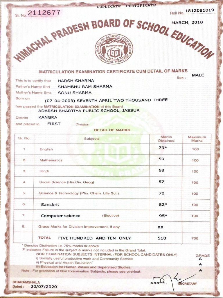 10th Marksheet | PDF