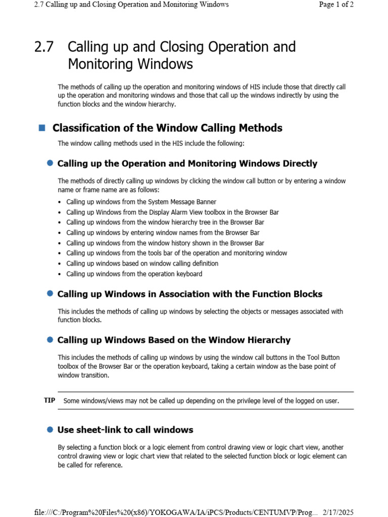 2.7 Calling Up and Closing Operation and Monitoring Windows ...