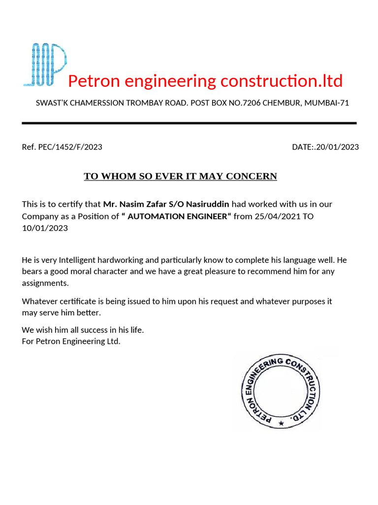 Employment Certificate for Automation Engineer | PDF