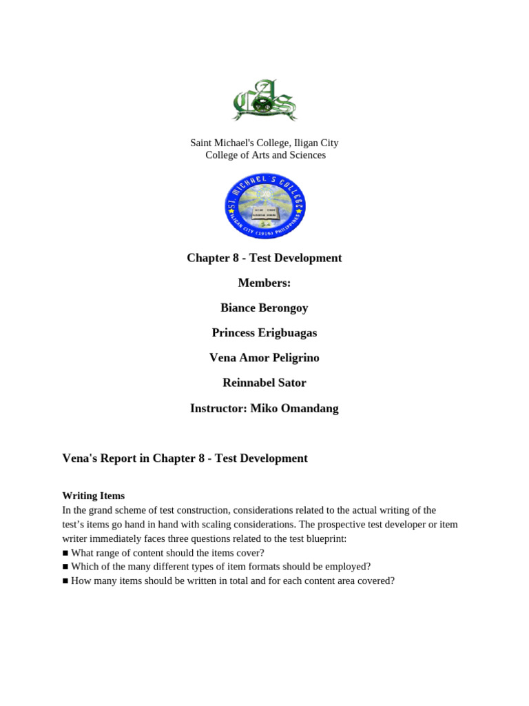 Vena's Report in Chapter 8 - Test Development | PDF | Multiple Choice