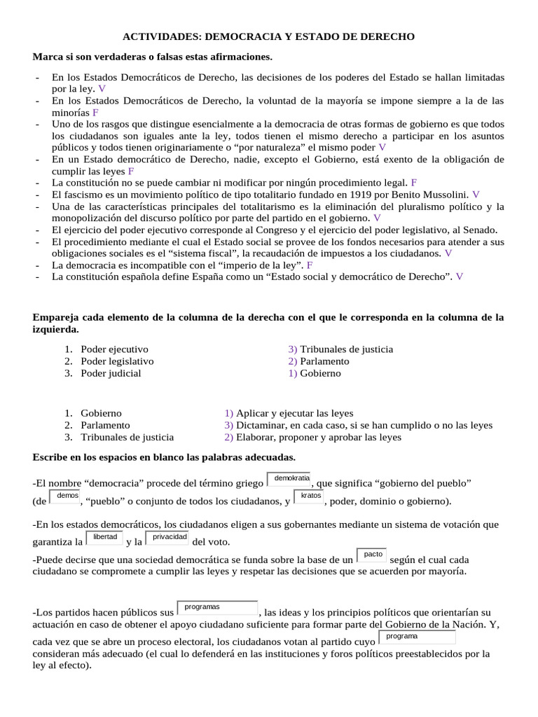 Actividades sobre Democracia y Estado de Derecho | PDF | Democracia ...