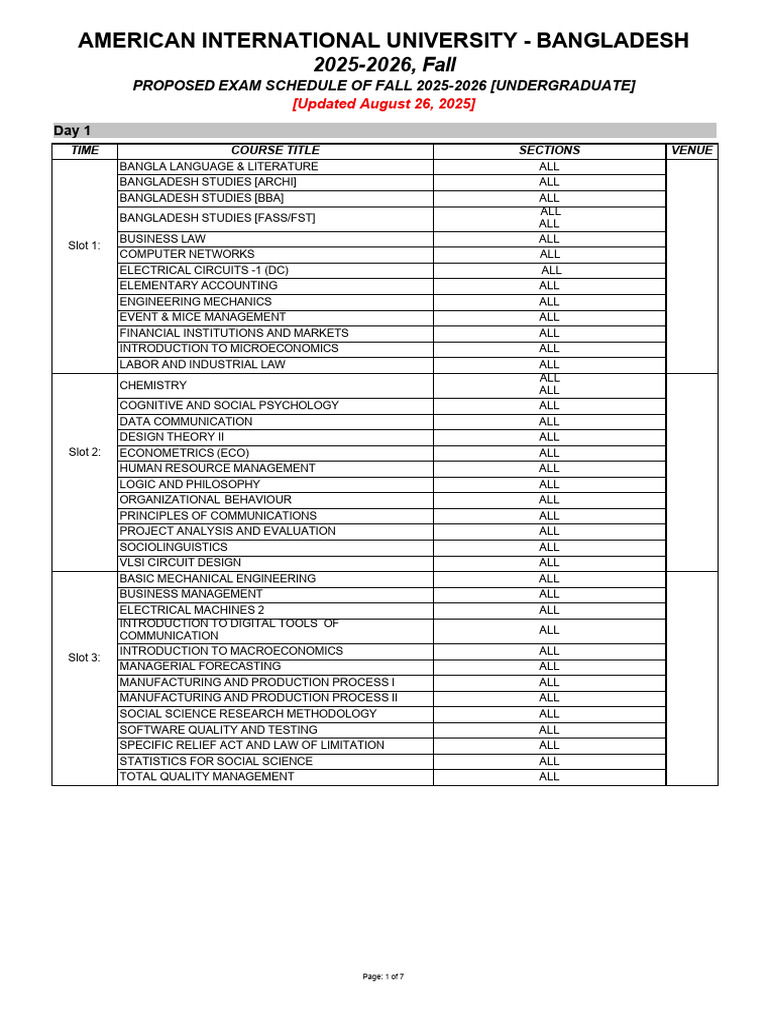 Proposed Exam Schedule of Fall 2025 2026 (Undergraduate) 26-8-25 | PDF ...