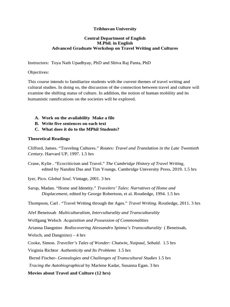 Advanced Graduate Workshop On Travel Writing and Cultures | PDF