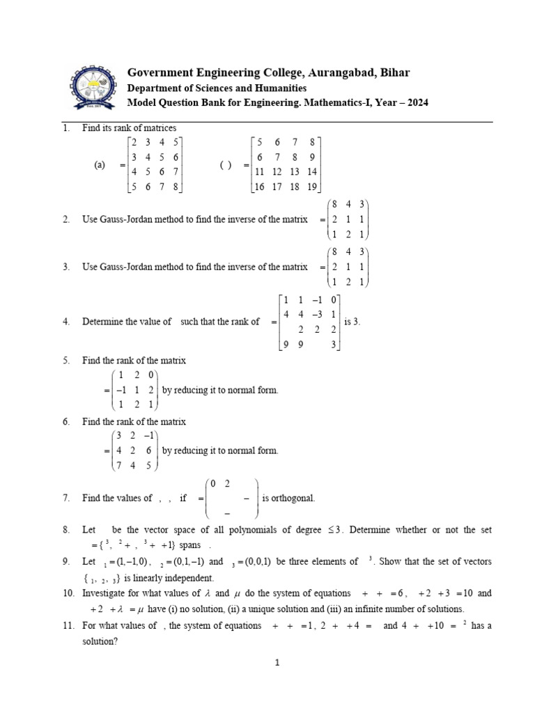 Engineering Mathematics-I Question Bank | PDF | Matrix (Mathematics ...