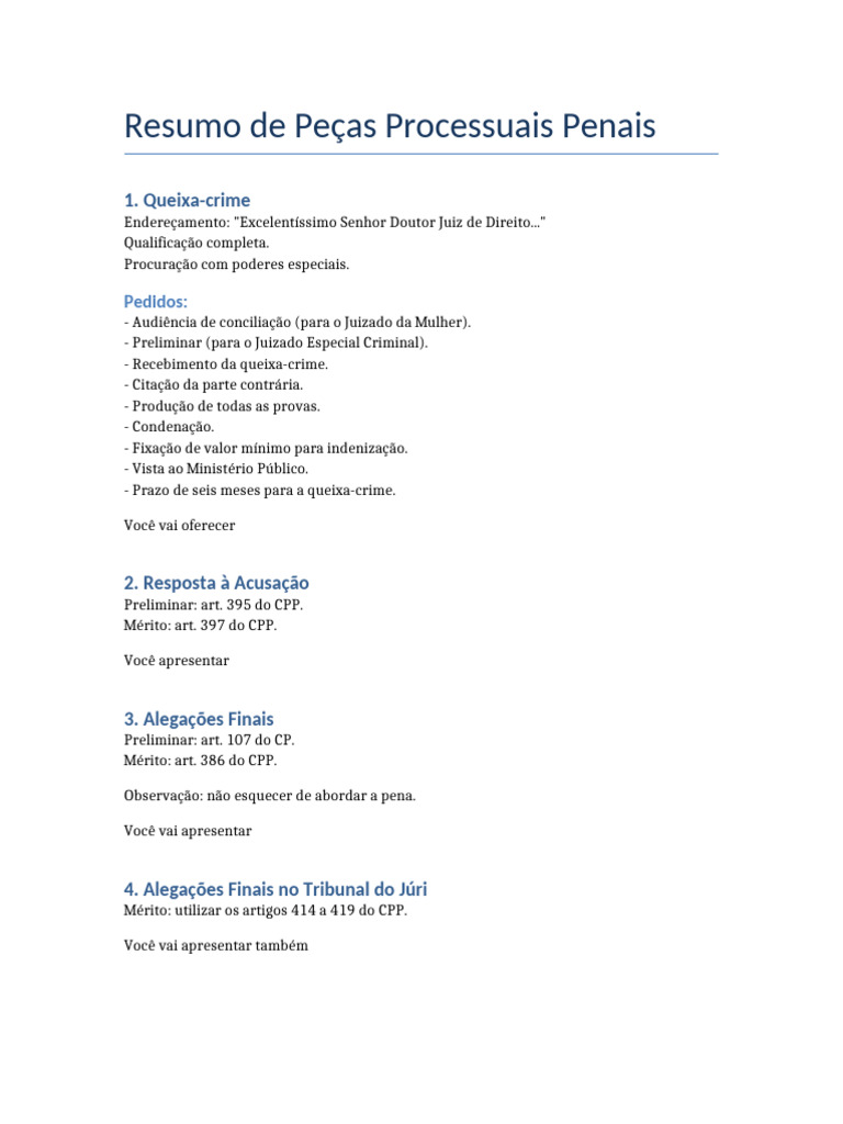 Resumo Pecas Processuais Penais | PDF