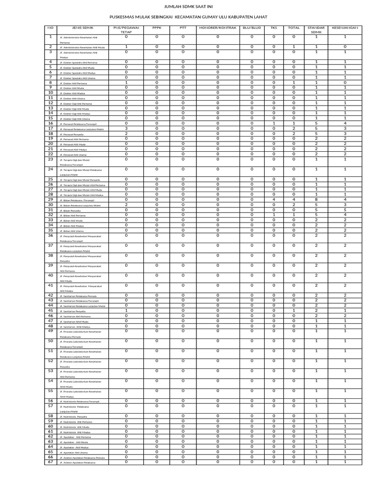 Data SDMK Puskesmas Mulak Sebingkai | PDF