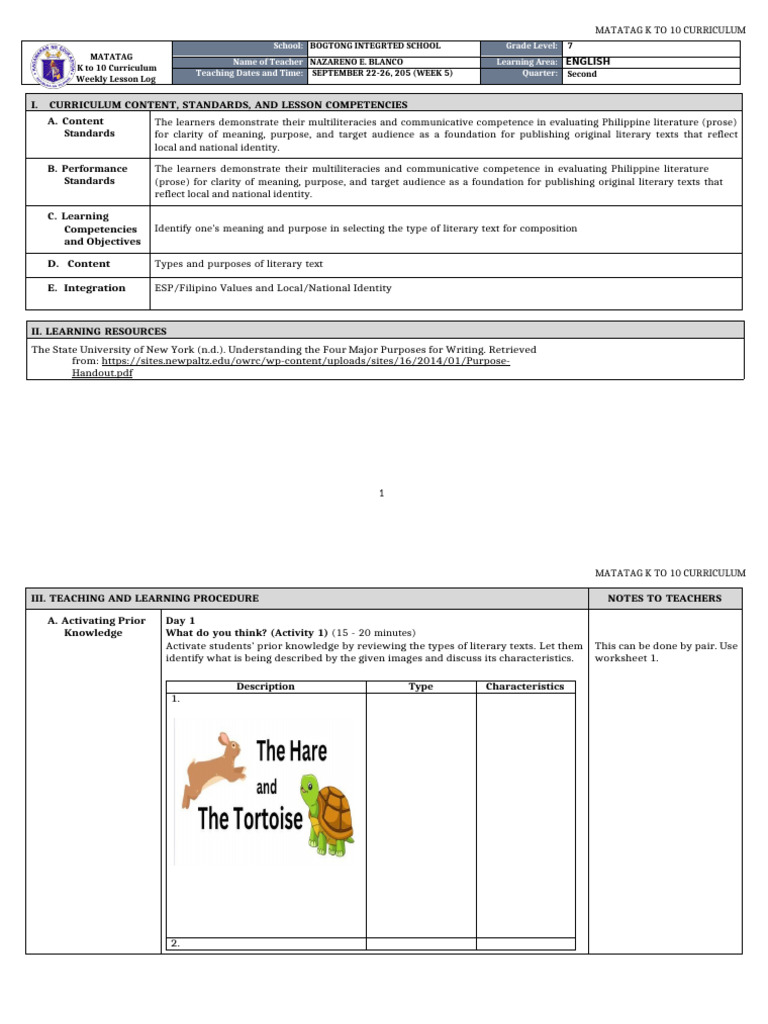 English 7 Week 5 Lesson Plan | PDF | Curriculum | Concept