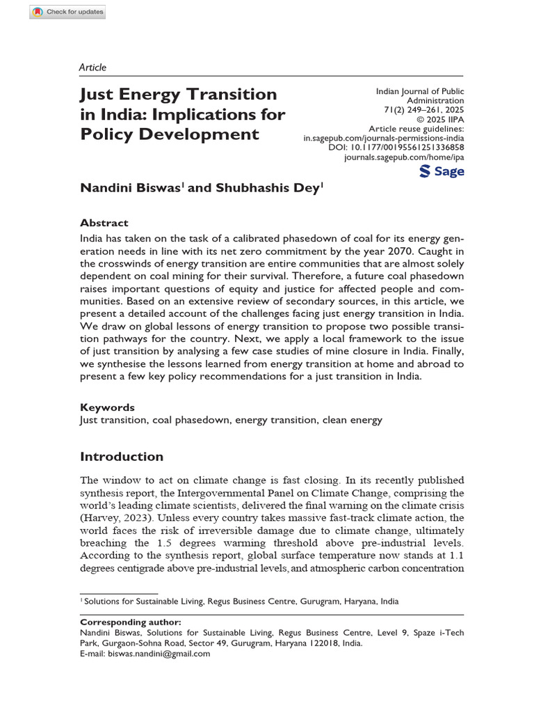 Biswas Dey 2025 Just Energy Transition in India Implications For Policy ...