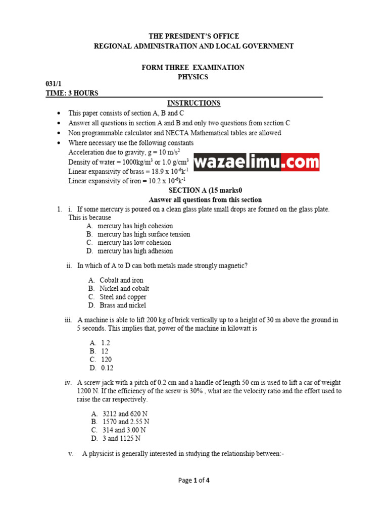 Form Three Physics Examination Paper | PDF | Force | Liquids