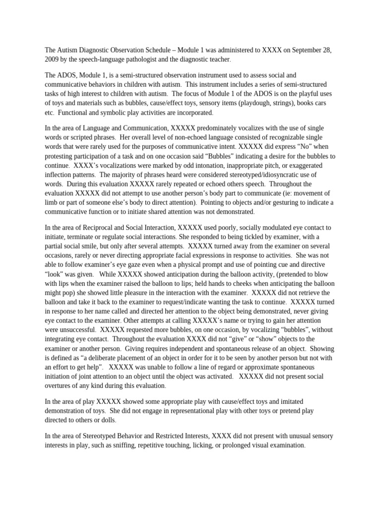 ADOS Module 1 Evaluation Results | PDF | Autism | Neuroscience