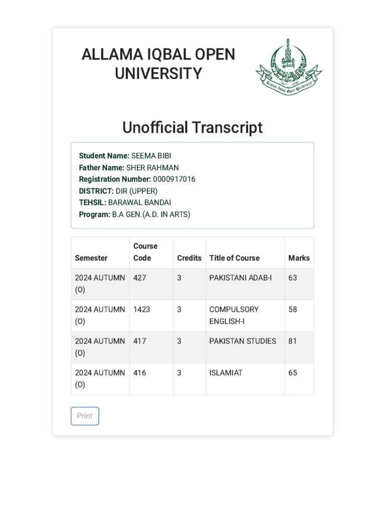 Seema Bibi's Unofficial Transcript 2024 | PDF
