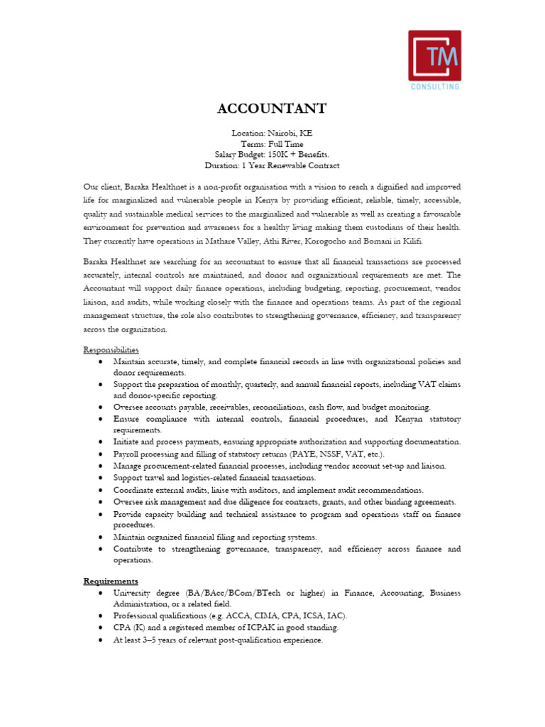 Accountant Position at Baraka Healthnet | PDF | Internal Control | Audit
