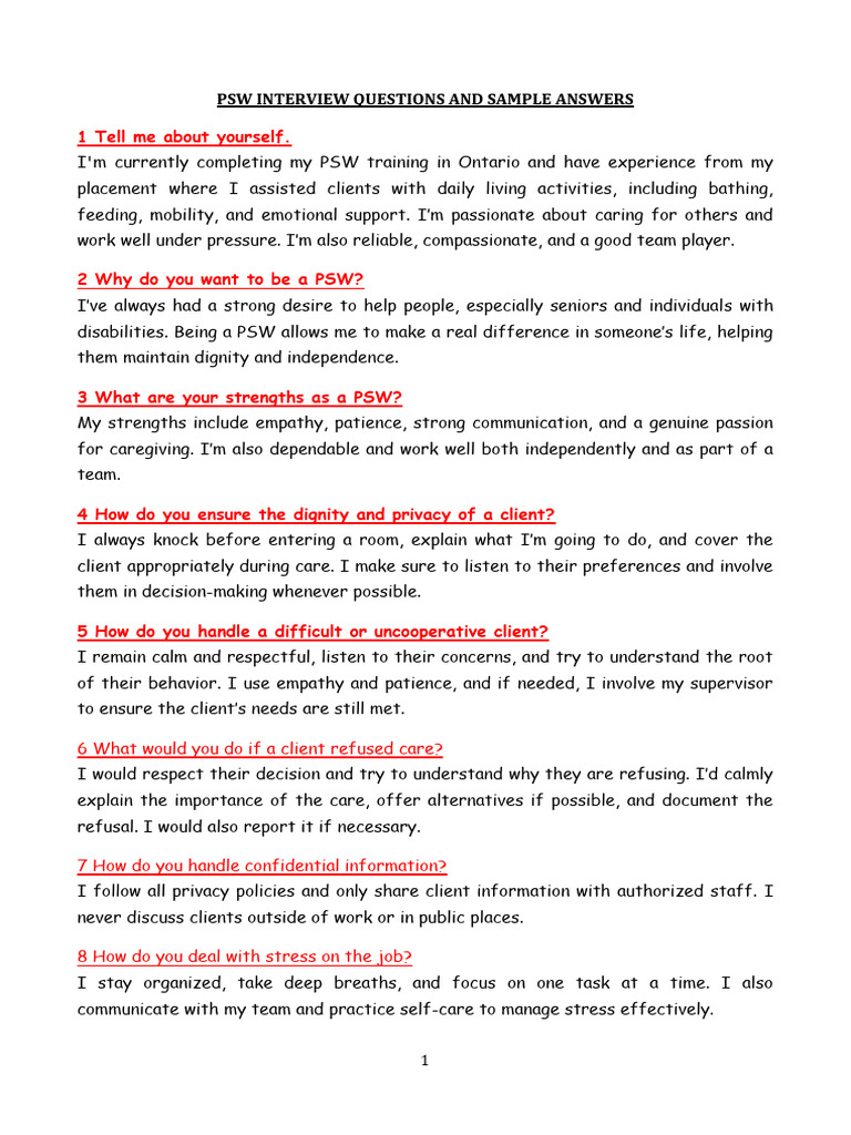 PSW Interview Questions & Answers Guide | PDF | Nursing | Empathy