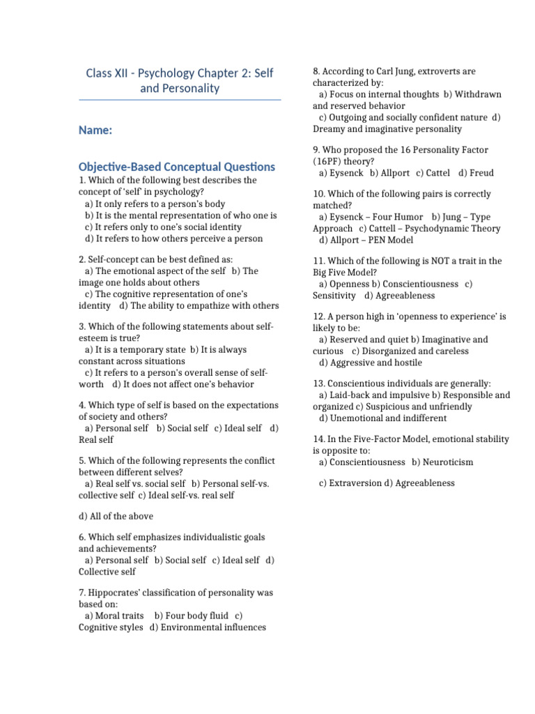 Psychology of Self and Personality Concepts | PDF | Extraversion And ...