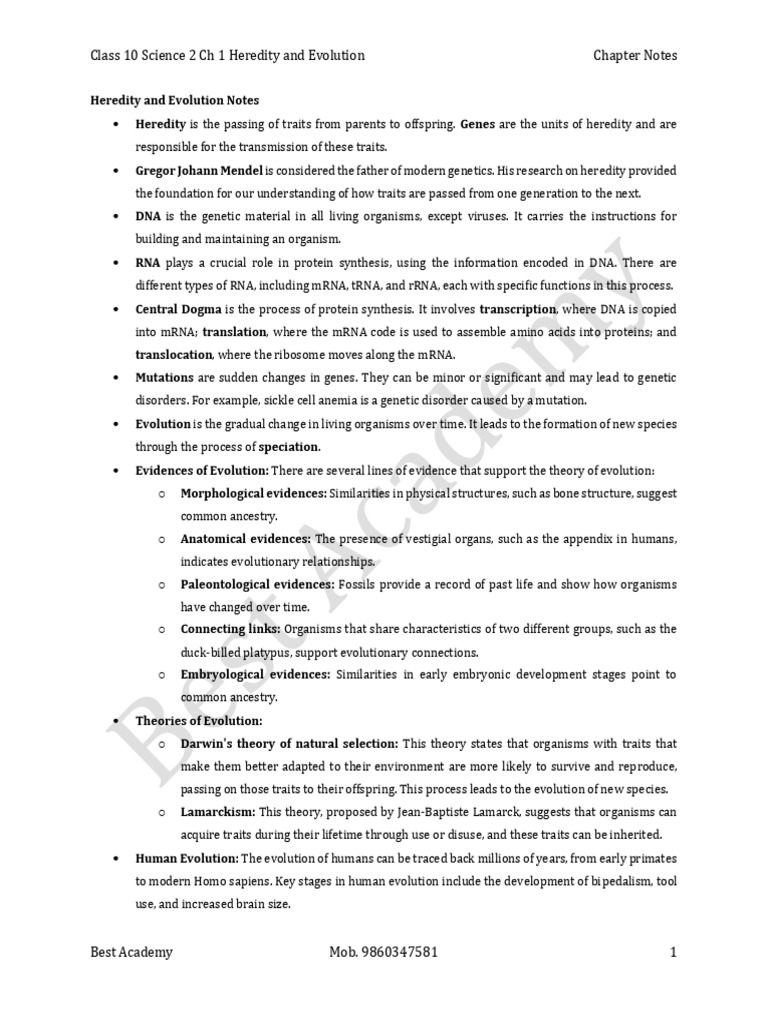 Heredity and Evolution Notes for Class 10 | PDF | Evolution | Genetics