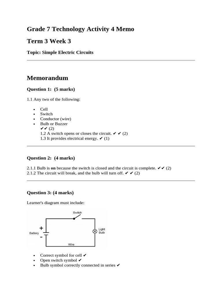 Grade 7 Electric Circuits Memo | PDF