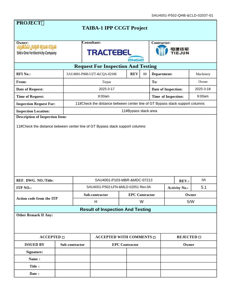 Taiba-1 IPP Inspection Request Document | PDF | Consent