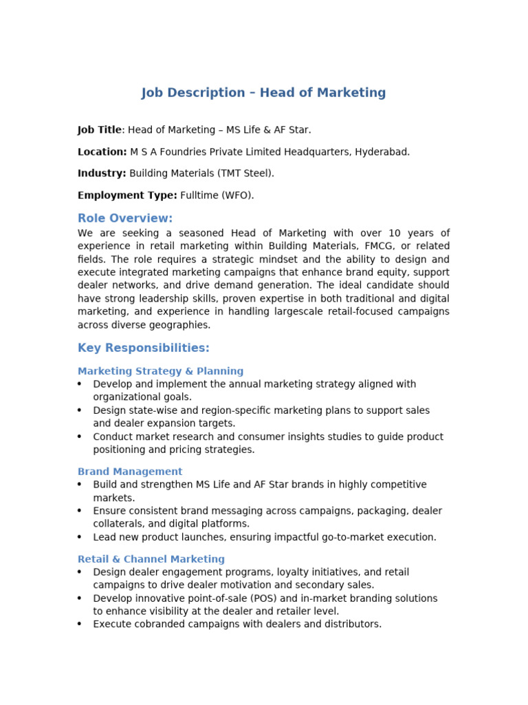 Head of Marketing Job Description | PDF | Marketing | Brand