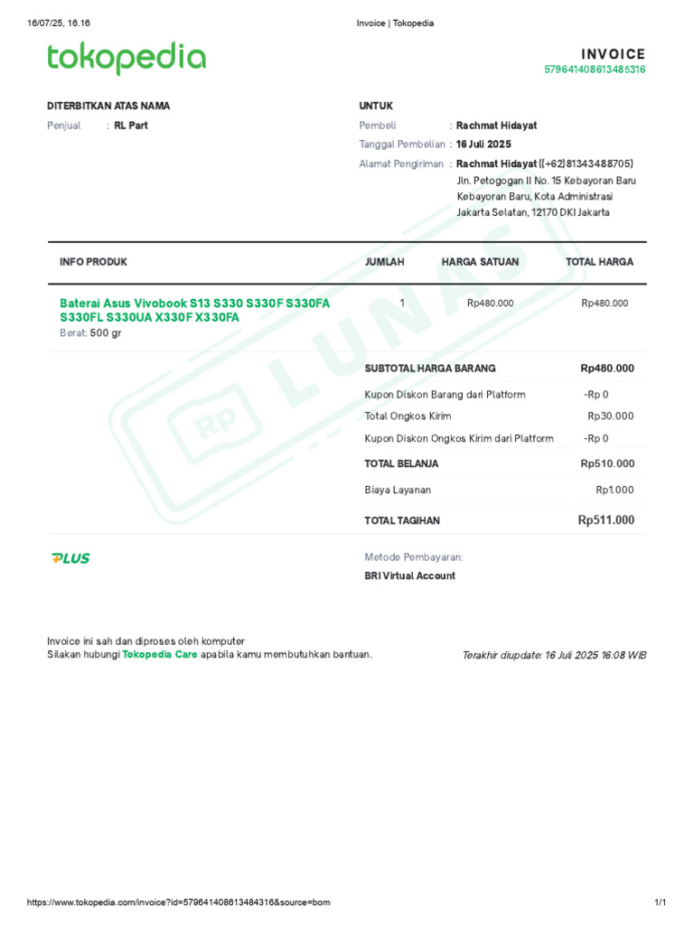 Invoice Pembelian Baterai Asus 2025 | PDF