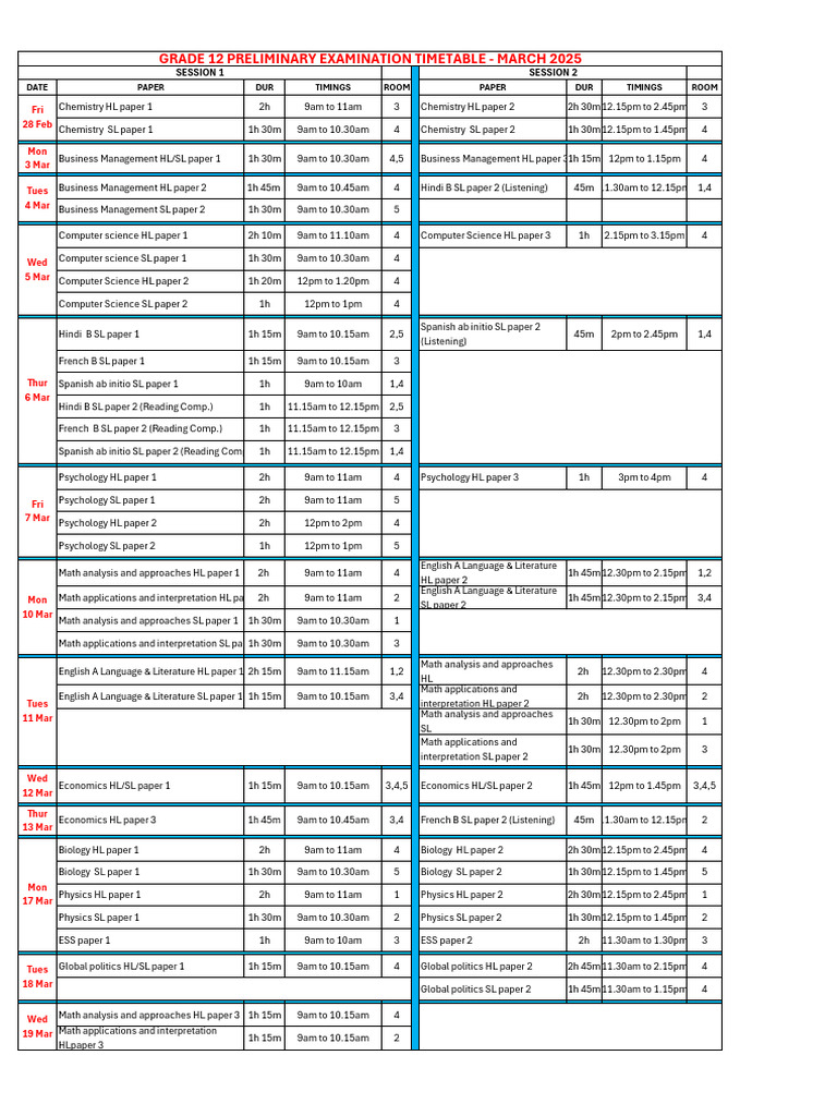 Grade 12 March 2025 Exam Schedule | PDF | Schools | Educational Stages