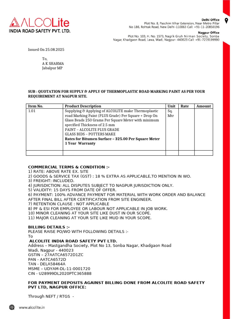 Quotation for Thermoplastic Road Marking | PDF