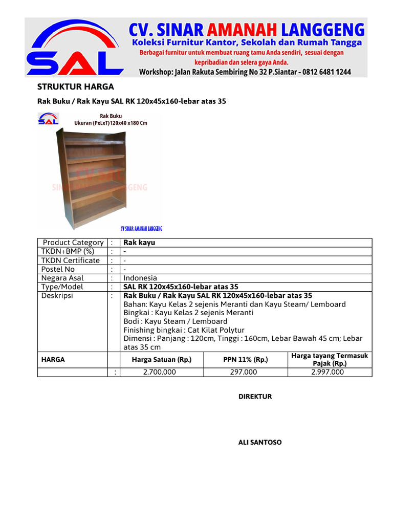 Struktur Harga Rak Kayu Sal RK 120x45x160-Lebar Atas 35 | PDF