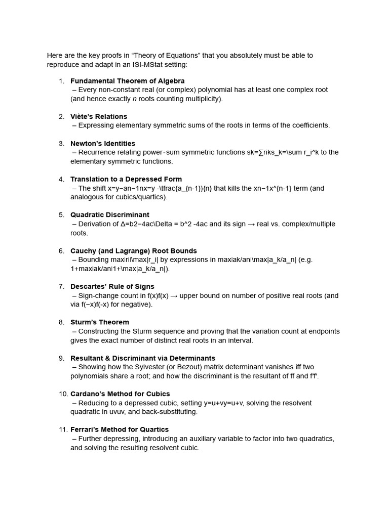 Theory of Equations Proof List | PDF