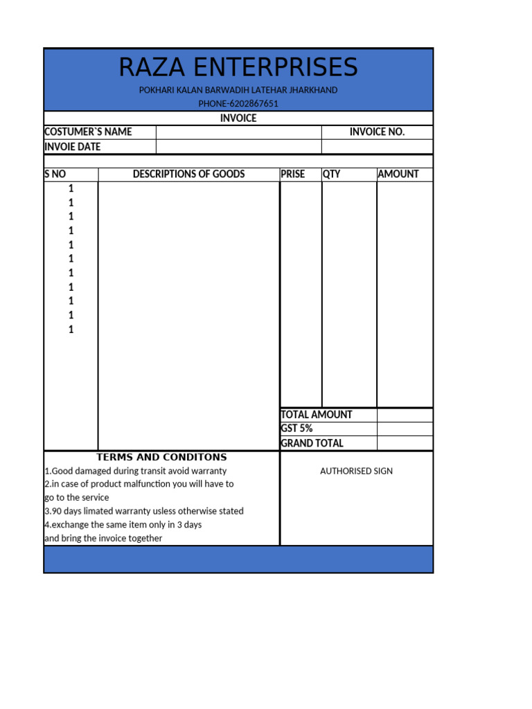 Invoice Template for Raza Enterprises | PDF