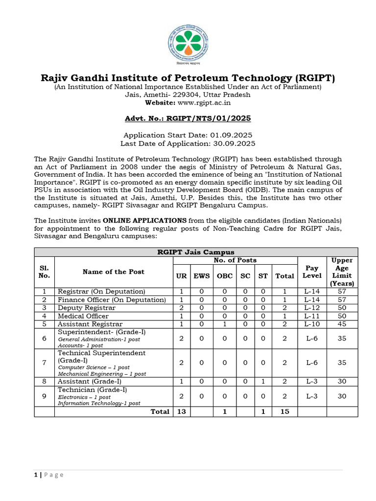 RGIPT Non-Teaching Recruitment 2025 | PDF | Academic Degree ...