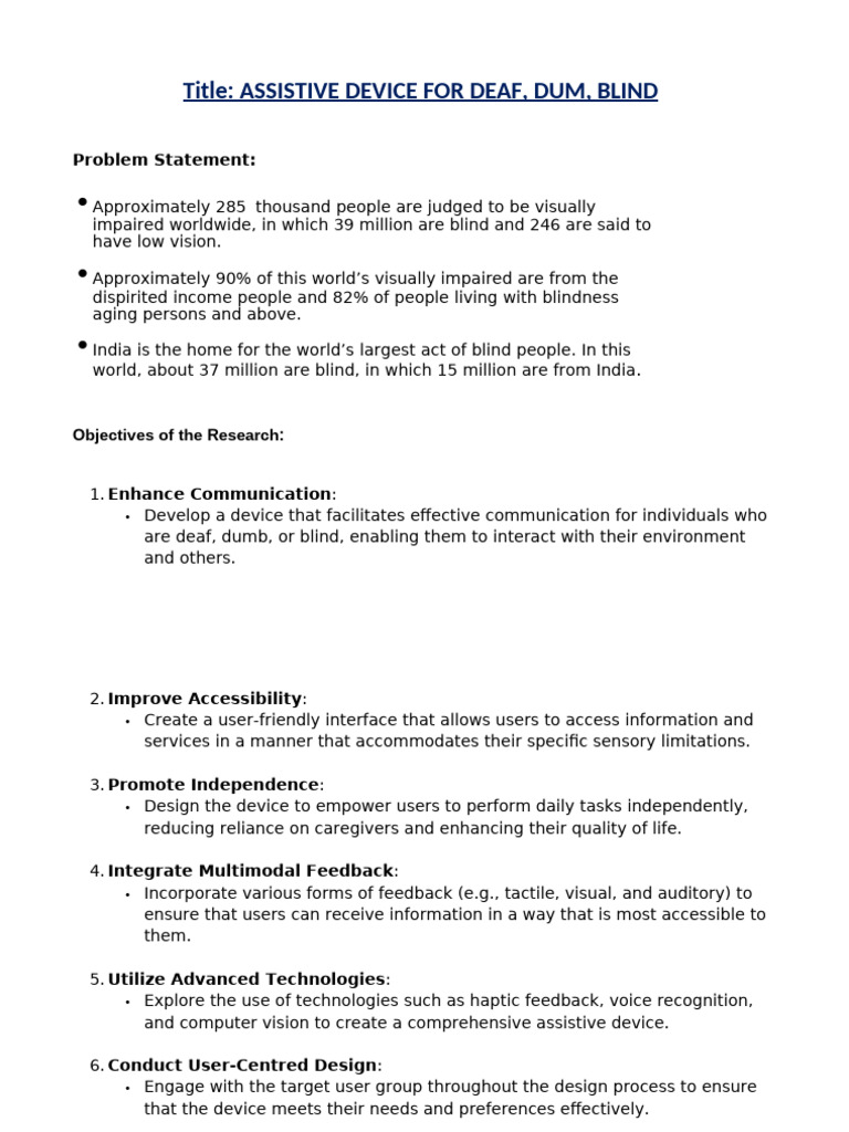 Assistive Device For Deaf, Dum, Blind Synopsis | PDF | Usability