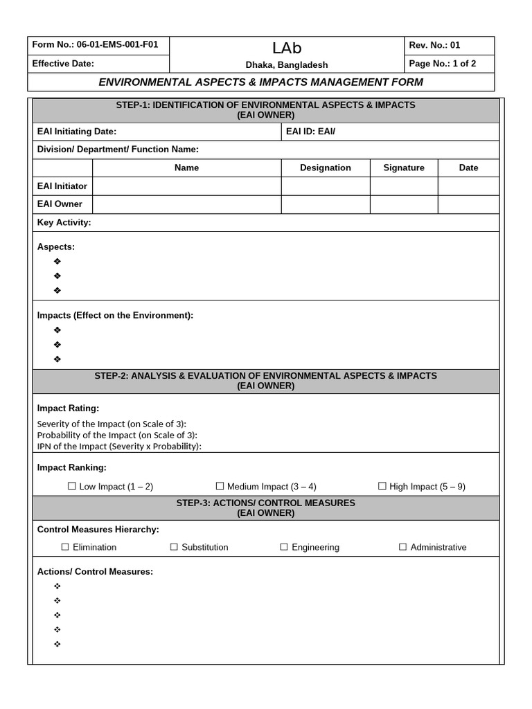 Environmental Impact Management Form | PDF