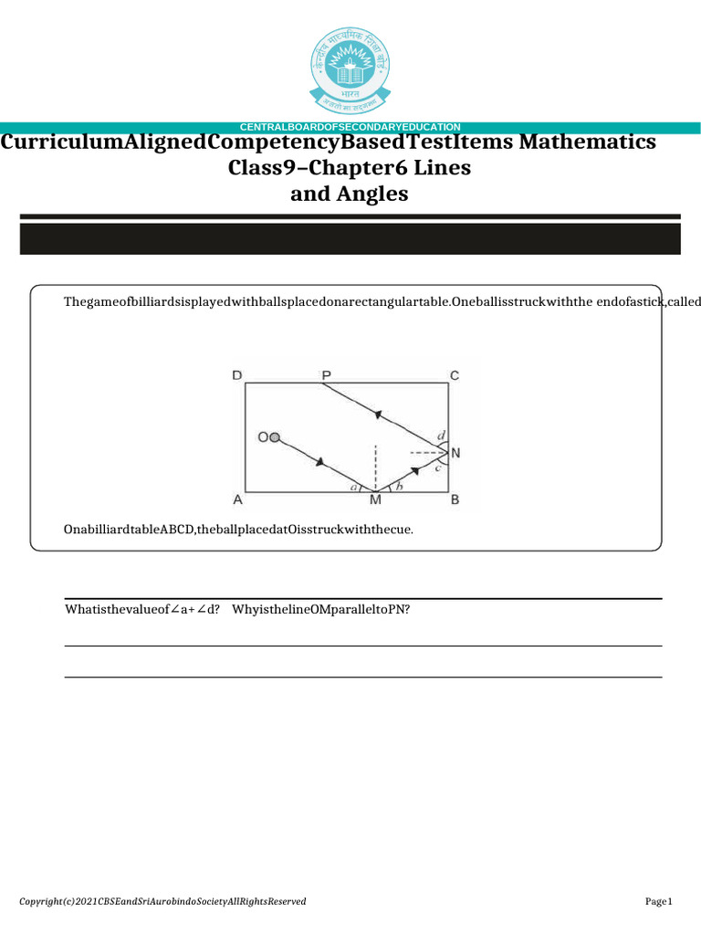 Class 9 Math: Lines and Angles Test Items | PDF | Geometry