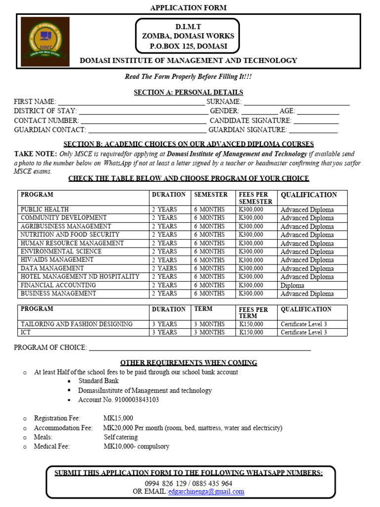 Domasi Institute Application Form | PDF | Diploma | Educational Stages