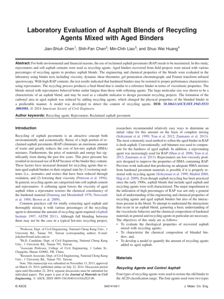 Laboratory Evaluation of Asphalt Blends of Recycling Agents Mixed With ...