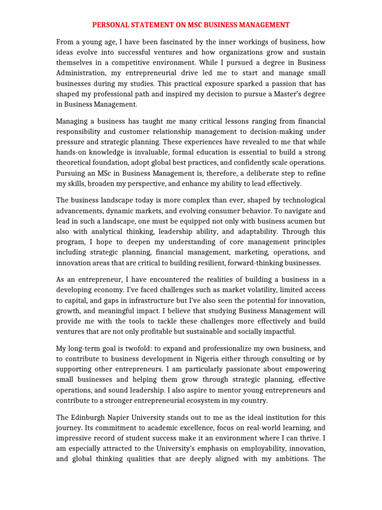 MSc Business Management Personal Statement | PDF | Entrepreneurship ...