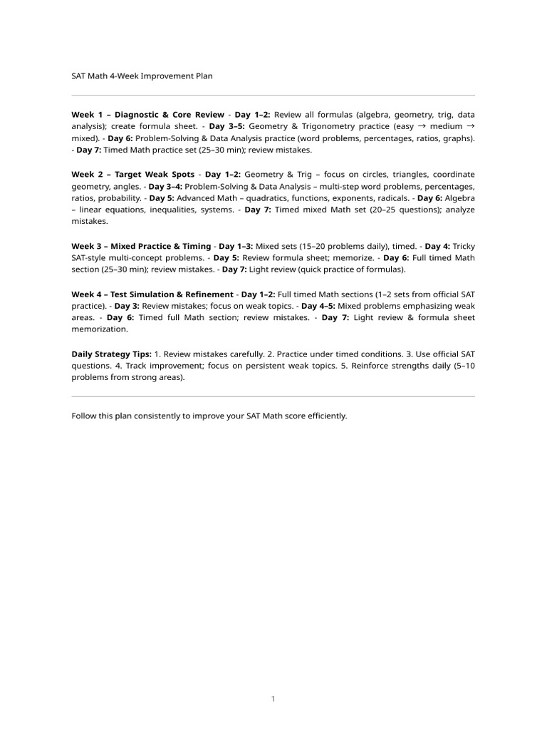 SAT Math 4-Week Study Plan | PDF