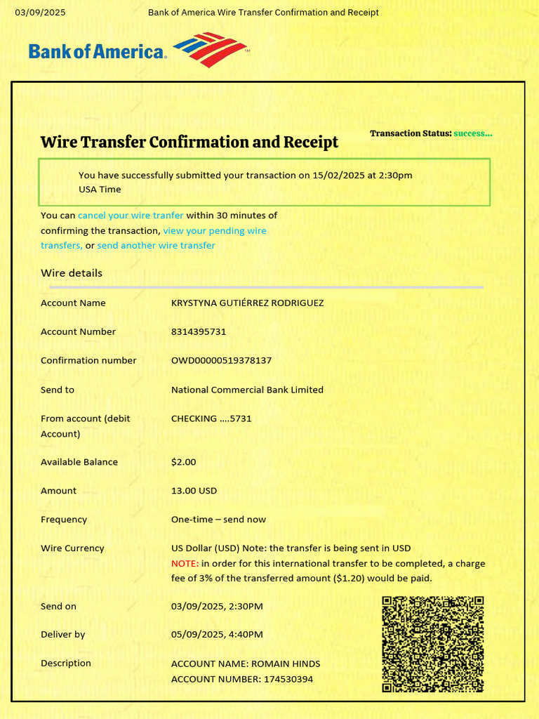 Wire Transfer Confirmation Receipt | PDF