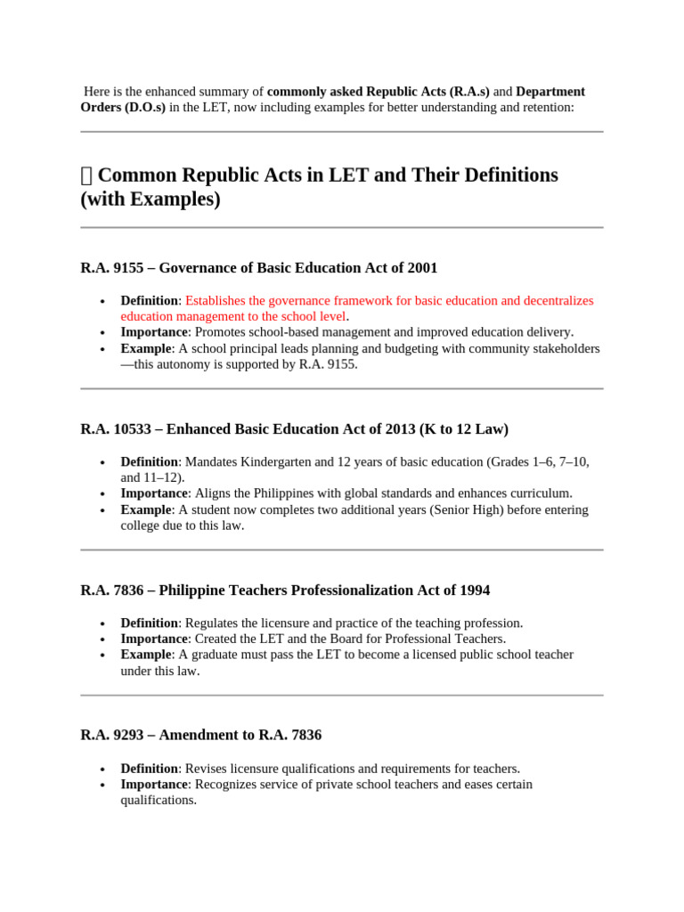 Key Republic Acts and DepEd Orders in LET | PDF | Teachers | Learning