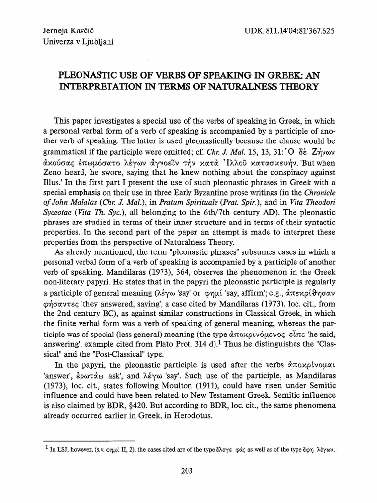 Pleonastic Use of Verbs of Speaking in G | PDF | Grammatical Number ...