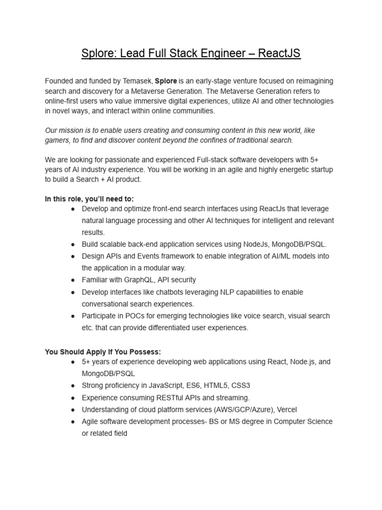 Full Stack Engineer Role at Splore | PDF