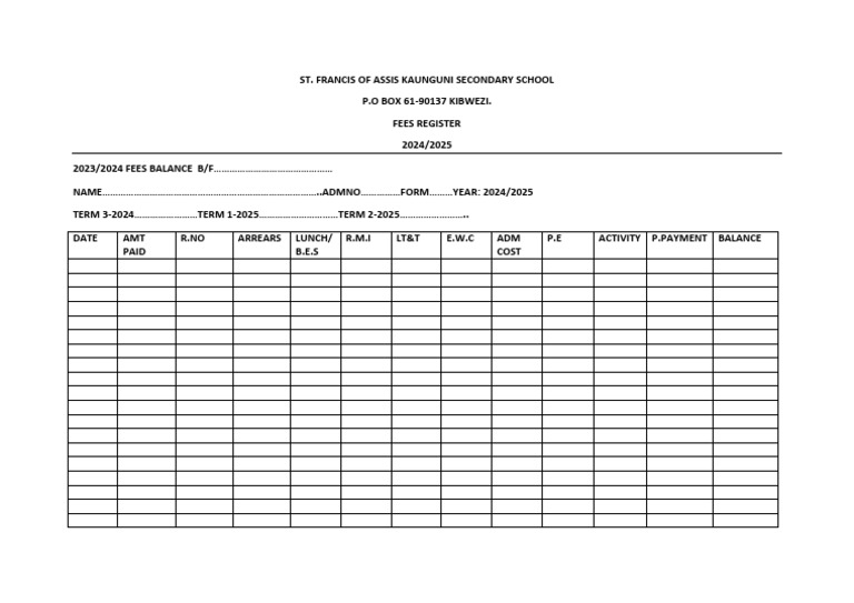 St. Francis Kaunguni School Fees Register | PDF