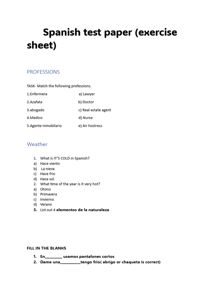 Ejercicios de español: profesiones y clima | PDF