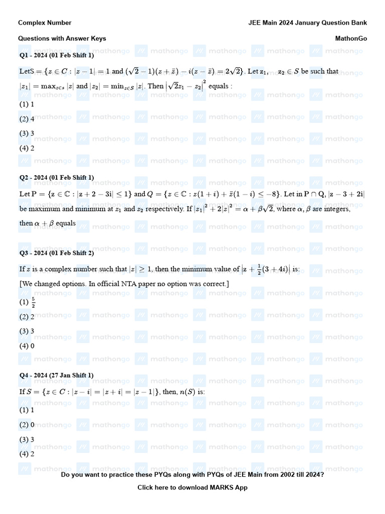 JEE Main 2024 Complex Numbers Questions | PDF | Mathematical Analysis ...