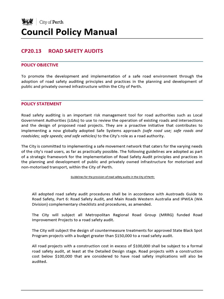 Perth Road Safety Audit Policy | PDF | Road Traffic Safety | Audit