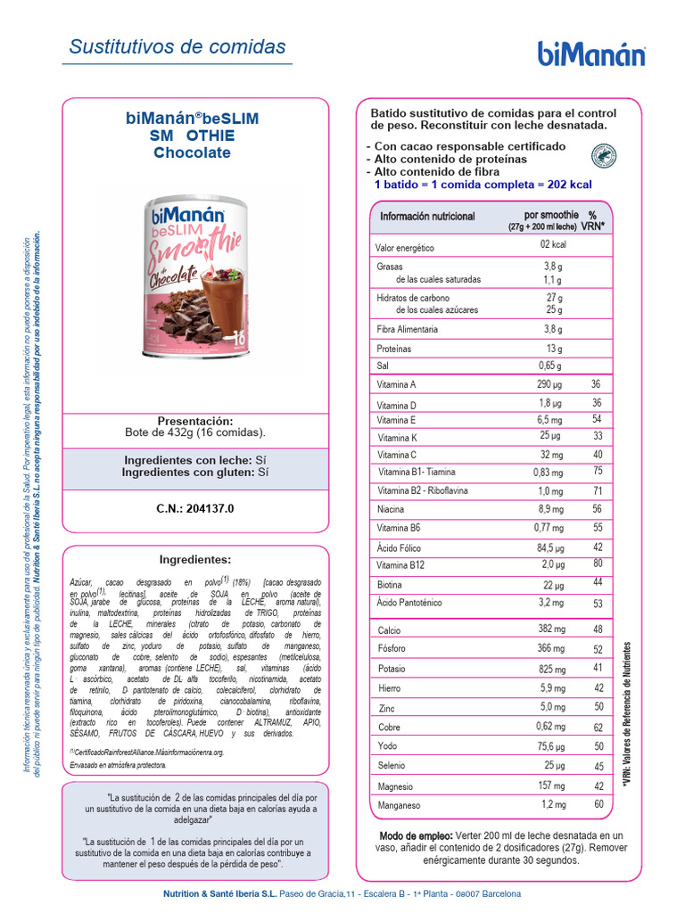 BeSlim Smoothie Chocolate | PDF | Vitamina | Leche