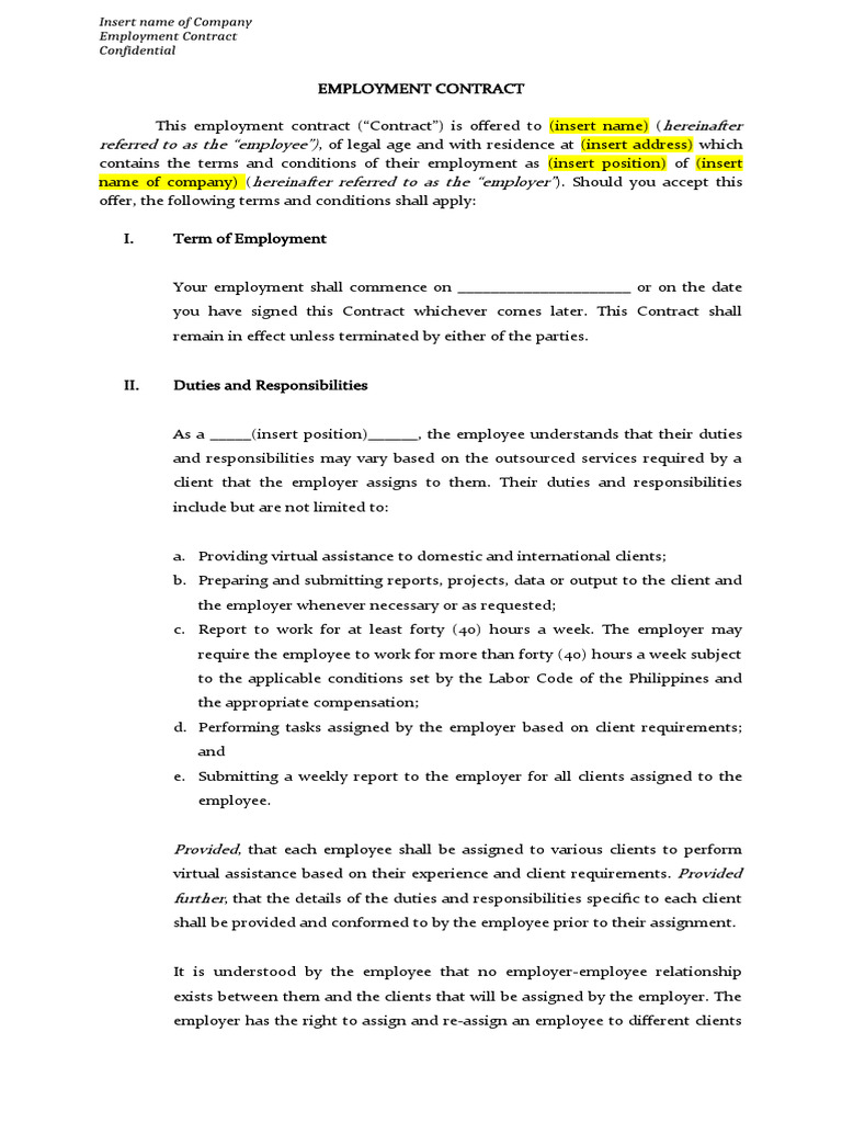 Employment Contract Template for Virtual Assistants | PDF | Employment ...