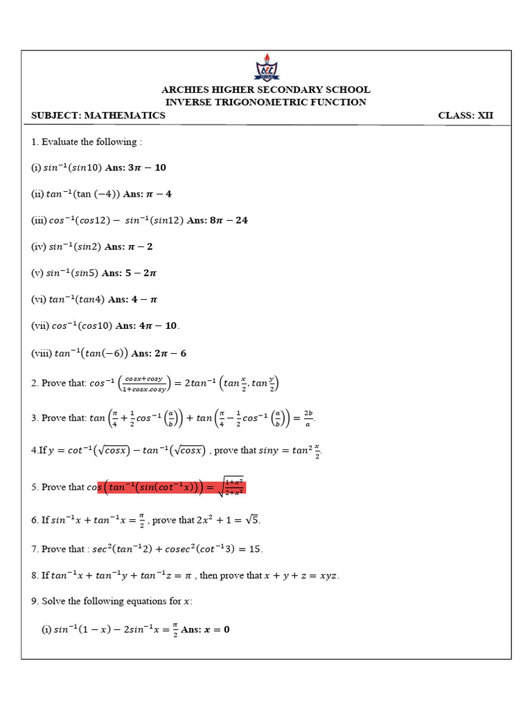 Inverse Trigonometric Functions Guide | PDF | Mathematical Analysis ...
