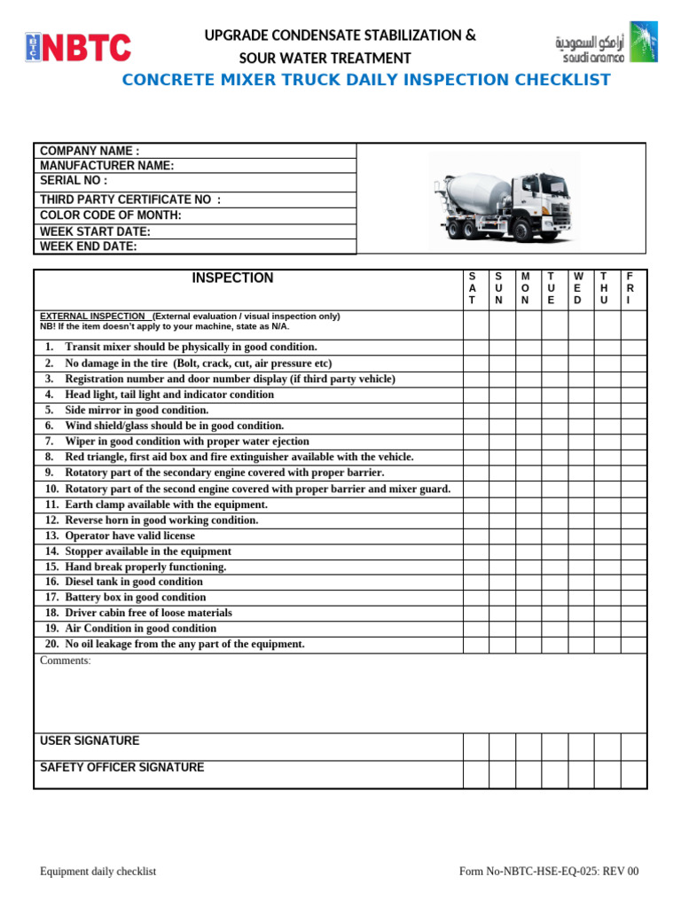 Concrete Mixer Truck Inspection Checklist | PDF